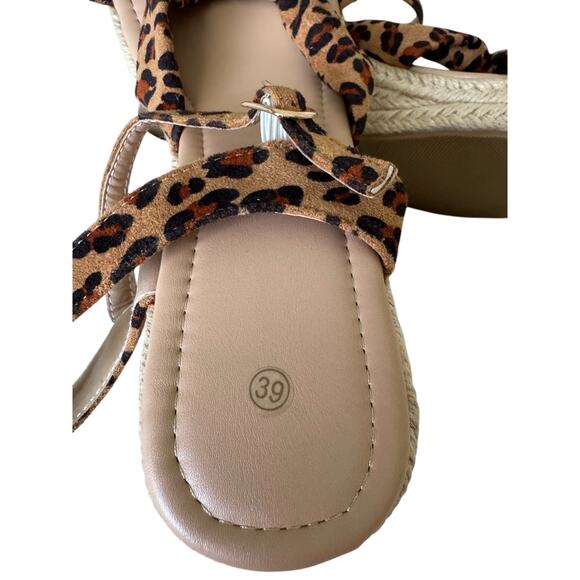 Leopard Print Wedge Sandals Women’s 8.5 Espadrille Platform Bow Strappy Shoes - Picture 7 of 10